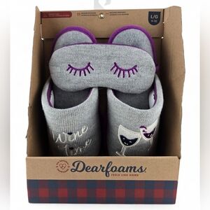 NIB Dearfoams Women's Wine Time Slipper Sleep Mask Set Grey 9-10